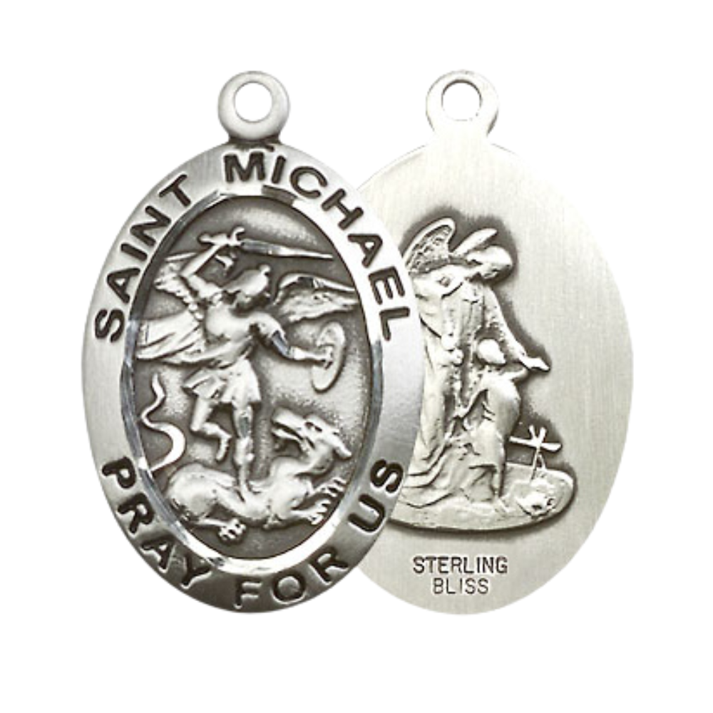 Sterling Silver Saint Michael the Archangel Medal – Patron Saint of Police Officers & EMTs with 24” Light Rhodium Heavy Curb Chain