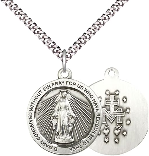 Womens Large Round Pewter Miraculous Medal Pendant on 18 inch Rhodium Plated Lite Curb Brass Chain with Lobster Claw Clasp, Catholic Religious Necklace - Made in USA- Deluxe Velvet Gift Box
