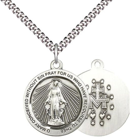 Mens Large Round Pewter Miraculous 4080 - 1 x 7/8 on 24 inch Rhodium Plated Heavy Curb Brass Chain with Lobster Claw Clasp, Catholic Religious Necklace - Made in USA- Deluxe Velvet Gift Box