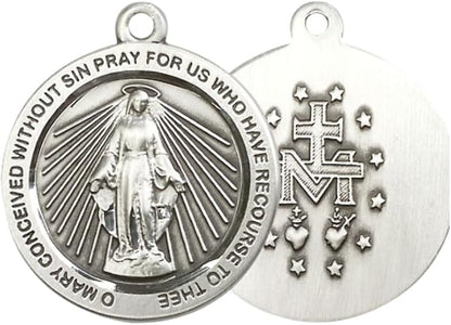 Mens Large Round Pewter Miraculous 4080 - 1 x 7/8 on 24 inch Rhodium Plated Heavy Curb Brass Chain with Lobster Claw Clasp, Catholic Religious Necklace - Made in USA- Deluxe Velvet Gift Box