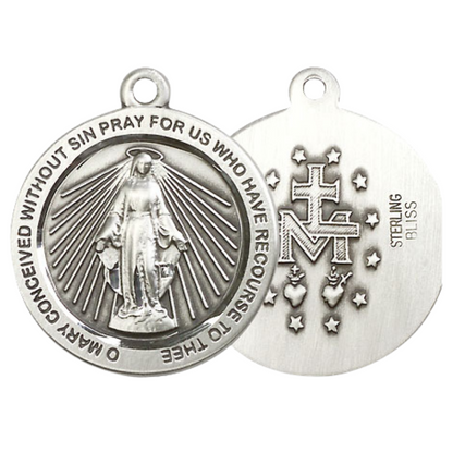Everlasting Light Jewelry .925 Sterling Silver Miraculous Medal Pendant on 18 Inch Rhodium Plated Lite Curb Brass Chain - Catholic Religious Necklace Made in USA, Deluxe Velvet Gift Box