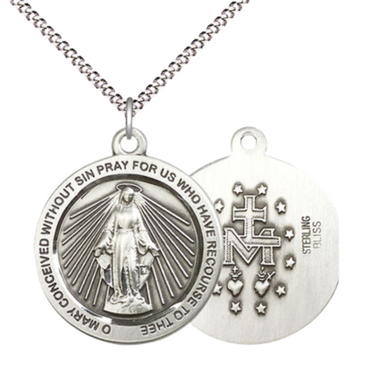 Everlasting Light Jewelry .925 Sterling Silver Miraculous Medal Pendant on 18 Inch Rhodium Plated Lite Curb Brass Chain - Catholic Religious Necklace Made in USA, Deluxe Velvet Gift Box