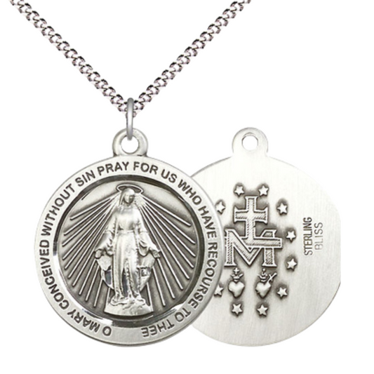 Everlasting Light Jewelry .925 Sterling Silver Miraculous Medal Pendant on 18 Inch Rhodium Plated Lite Curb Brass Chain - Catholic Religious Necklace Made in USA, Deluxe Velvet Gift Box