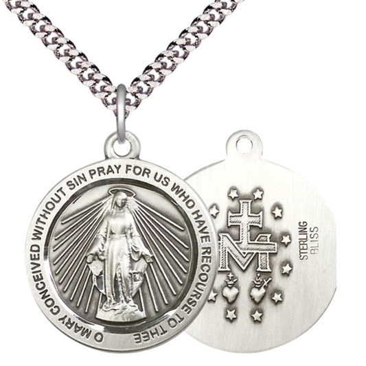 Everlasting Light Jewelry .925 Sterling Silver Miraculous Medal Pendant on 24 Inch Endless Rhodium Plated Heavy Curb Chain - Catholic Religious Necklace Made in USA, Deluxe Velvet Gift Box