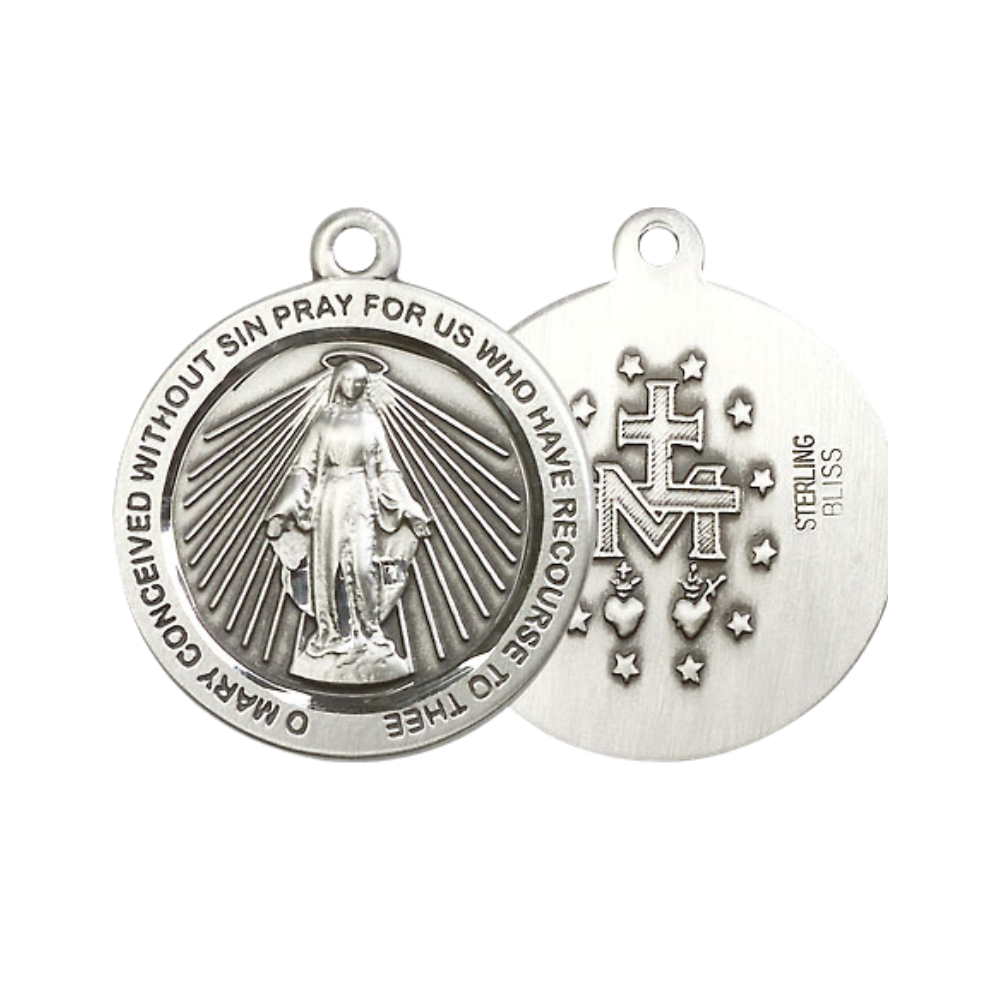 Everlasting Light Jewelry .925 Sterling Silver Miraculous Medal Pendant on 24 Inch Endless Rhodium Plated Heavy Curb Chain - Catholic Religious Necklace Made in USA, Deluxe Velvet Gift Box