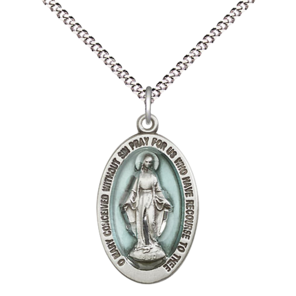 Everlasting Light Jewelry Pewter Miraculous Medal Pendant on 18 Inch Rhodium Plated Lite Curb Brass Chain - Catholic Religious Necklace Made in USA, Deluxe Velvet Gift Box