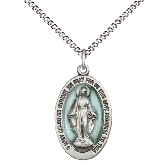 Everlasting Light Jewelry Pewter Miraculous Medal Pendant on 18 Inch Rhodium Plated Lite Curb Brass Chain - Catholic Religious Necklace Made in USA, Deluxe Velvet Gift Box