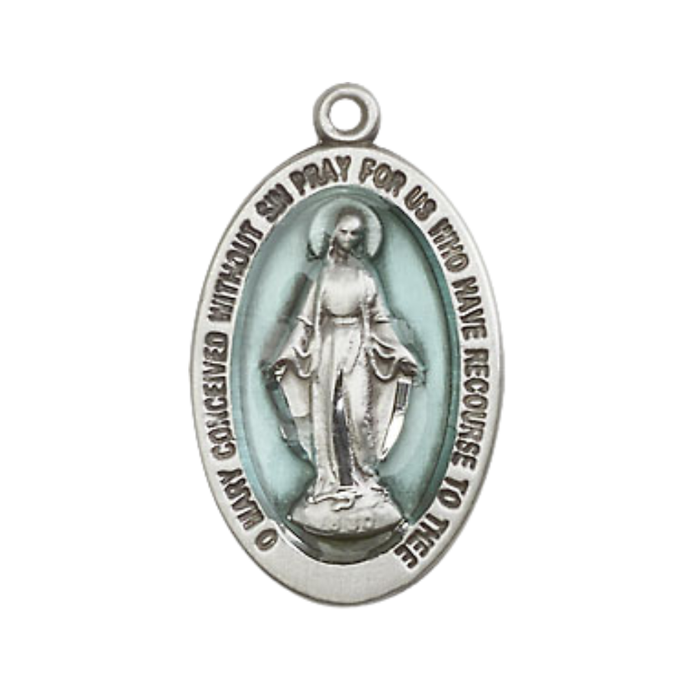Everlasting Light Jewelry Pewter Miraculous Medal Pendant on 18 Inch Rhodium Plated Lite Curb Brass Chain - Catholic Religious Necklace Made in USA, Deluxe Velvet Gift Box