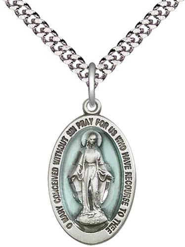 Everlasting Light Jewelry Mens Large Oval Pewter Miraculous 4123EM - 7/8 x 1/2 on 24 inch Rhodium Plated Heavy Curb Brass Chain with Lobster Claw Clasp, Catholic Religious Necklace- USA Made Gift Boxed