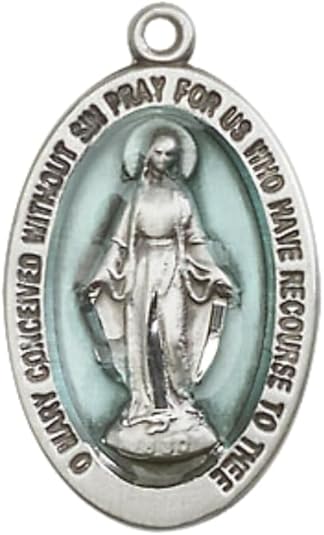Mens Large Oval .925 Sterling Silver Miraculous 4123EM - 7/8 x 1/2 on 24 inch Rhodium Plated Heavy Curb Brass Chain with Lobster Claw Clasp, Catholic Religious Necklace- USA Made Gift Boxed