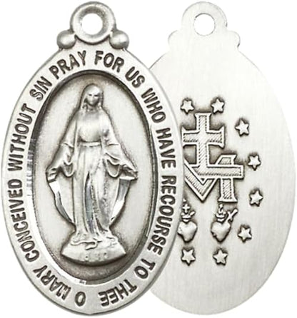 Everlasting Light Jewelry Pewter Miraculous Medal Pendant on 24 Inch Endless Rhodium Plated Heavy Curb Chain - Catholic Religious Necklace Made in USA, Deluxe Velvet Gift Box