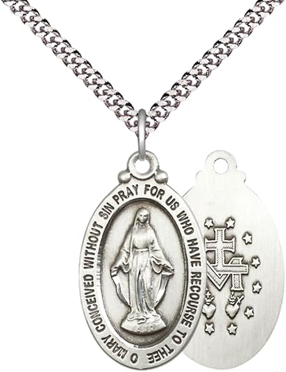 Everlasting Light Jewelry Pewter Miraculous Medal Pendant on 24 Inch Endless Rhodium Plated Heavy Curb Chain - Catholic Religious Necklace Made in USA, Deluxe Velvet Gift Box