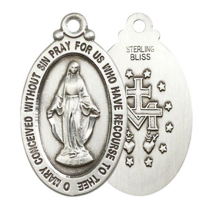 Everlasting Light Jewelry .925 Sterling Silver Miraculous Medal Pendant on 18 Inch Rhodium Plated Lite Curb Brass Chain - Catholic Religious Necklace Made in USA, Deluxe Velvet Gift Box