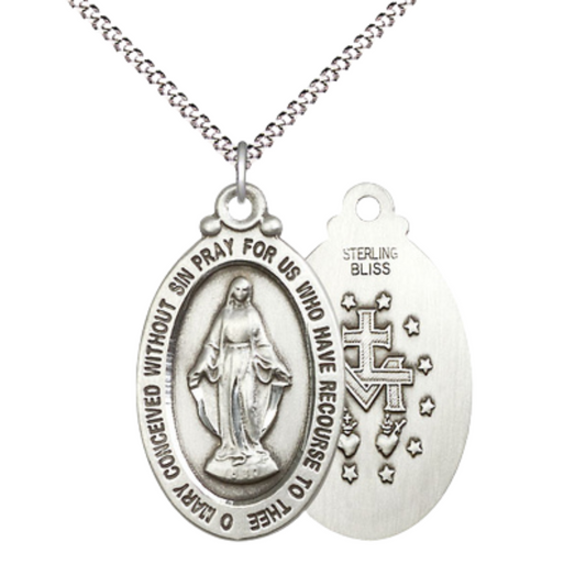 Everlasting Light Jewelry .925 Sterling Silver Miraculous Medal Pendant on 18 Inch Rhodium Plated Lite Curb Brass Chain - Catholic Religious Necklace Made in USA, Deluxe Velvet Gift Box