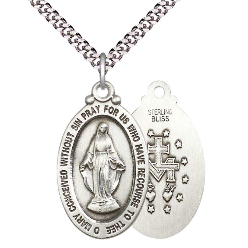 Everlasting Light Jewelry .925 Sterling Silver Miraculous Medal Pendant on 24 Inch Endless Rhodium Plated Heavy Curb Chain -Catholic Religious Necklace Made in USA, Deluxe Velvet Gift Box