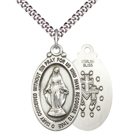 Everlasting Light Jewelry .925 Sterling Silver Miraculous Medal Pendant on 24 Inch Endless Rhodium Plated Heavy Curb Chain -Catholic Religious Necklace Made in USA, Deluxe Velvet Gift Box