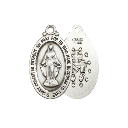 Everlasting Light Jewelry .925 Sterling Silver Miraculous Medal Pendant on 24 Inch Endless Rhodium Plated Heavy Curb Chain -Catholic Religious Necklace Made in USA, Deluxe Velvet Gift Box