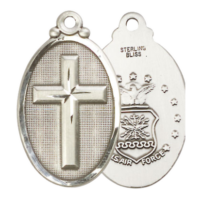 Everlasting Light Jewelry .925 Sterling Silver Cross Air Force Medal Pendant on 18 Inch Rhodium Plated Lite Curb Brass Chain - Catholic Religious Necklace Made in USA, Deluxe Velvet Gift Box