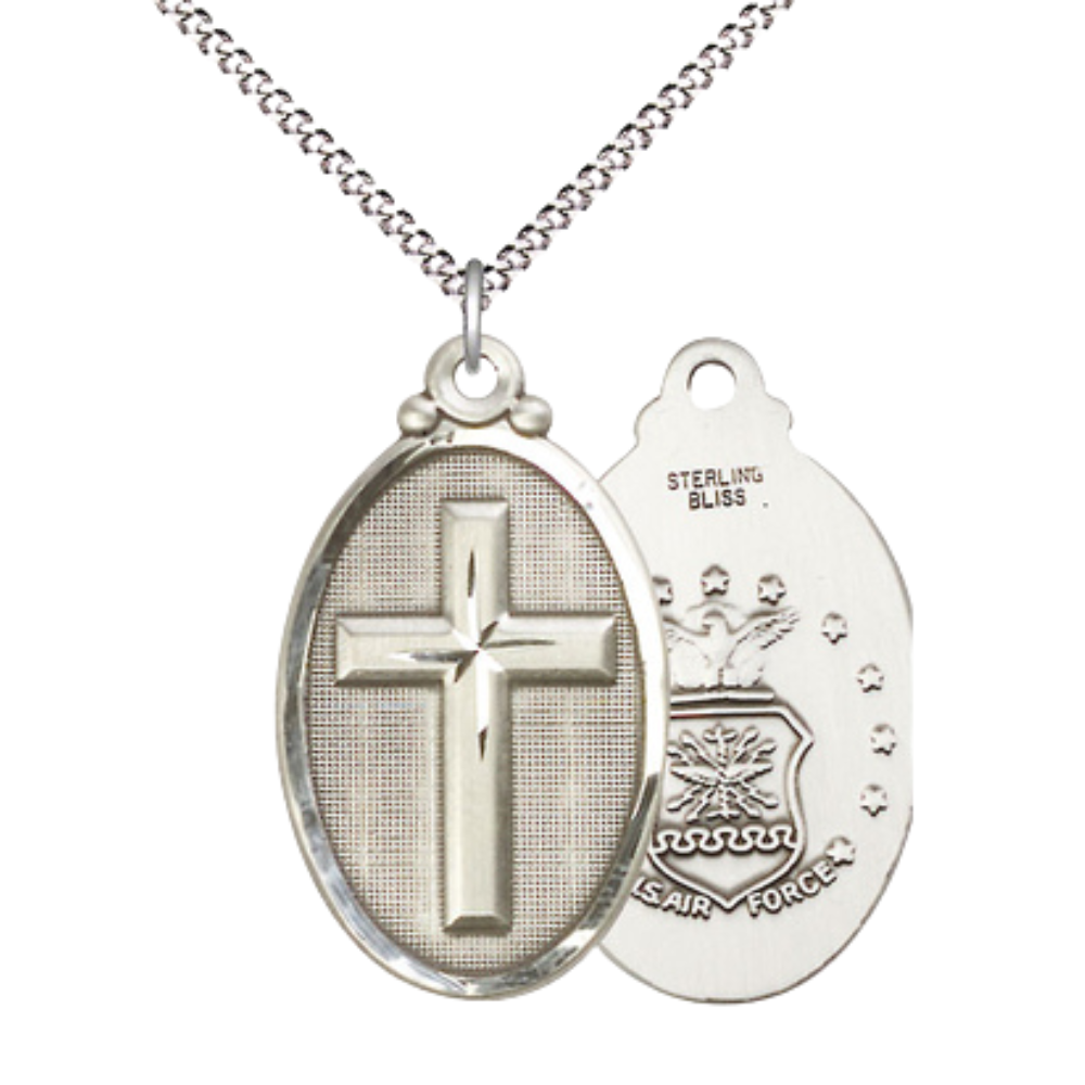 Everlasting Light Jewelry .925 Sterling Silver Cross Air Force Medal Pendant on 18 Inch Rhodium Plated Lite Curb Brass Chain - Catholic Religious Necklace Made in USA, Deluxe Velvet Gift Box