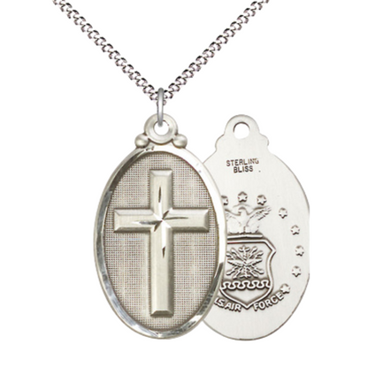 Everlasting Light Jewelry .925 Sterling Silver Cross Air Force Medal Pendant on 18 Inch Rhodium Plated Lite Curb Brass Chain - Catholic Religious Necklace Made in USA, Deluxe Velvet Gift Box