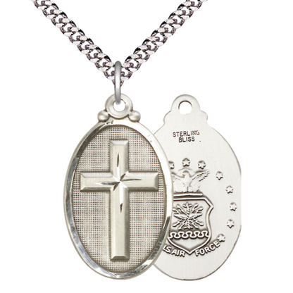 Everlasting Light Jewelry .925 Sterling Silver Cross Air Force Medal Pendant on 24 Inch Endless Rhodium Plated Heavy Curb Chain -Catholic Religious Necklace Made in USA,Deluxe Velvet Gift Box