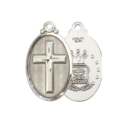 Everlasting Light Jewelry .925 Sterling Silver Cross Air Force Medal Pendant on 24 Inch Endless Rhodium Plated Heavy Curb Chain -Catholic Religious Necklace Made in USA,Deluxe Velvet Gift Box