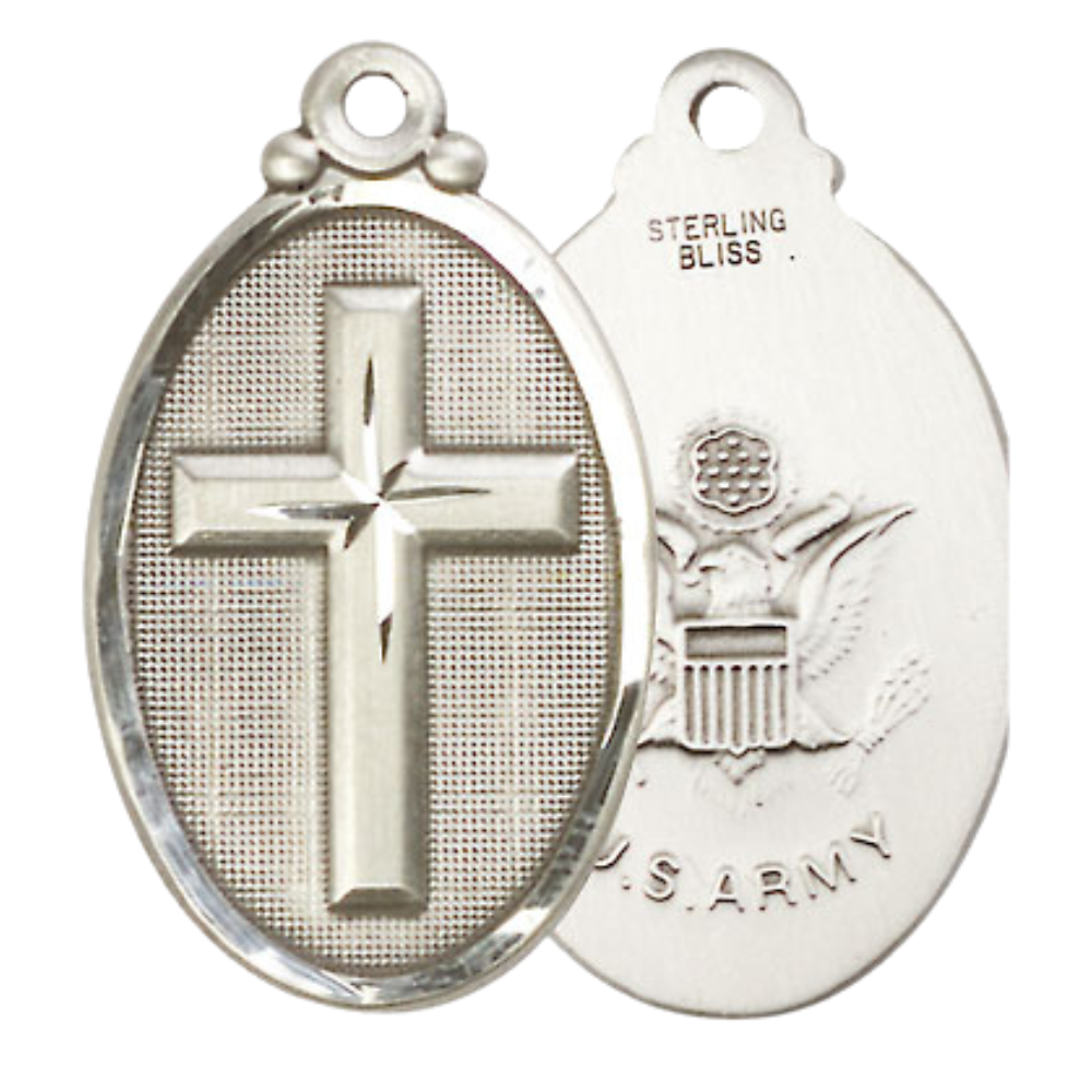 Everlasting Light Jewelry .925 Sterling Silver Cross Army Medal Pendant on 18 Inch Rhodium Plated Lite Curb Brass Chain - Catholic Religious Necklace Made in USA, Deluxe Velvet Gift Box