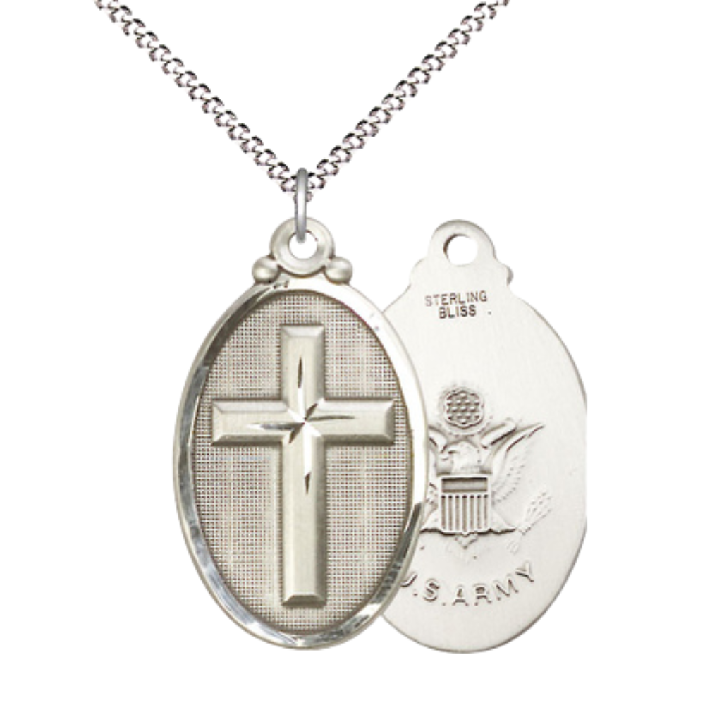 Everlasting Light Jewelry .925 Sterling Silver Cross Army Medal Pendant on 18 Inch Rhodium Plated Lite Curb Brass Chain - Catholic Religious Necklace Made in USA, Deluxe Velvet Gift Box