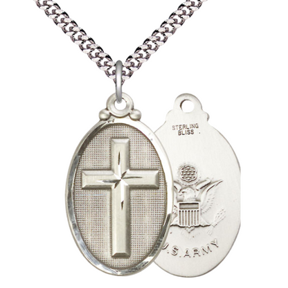 Mens Oval .925 Sterling Silver Cross Army 4145Y- 2 - 1 1/4 x 3/4 on 24 inch Rhodium Plated Heavy Curb Brass Chain with Lobster Claw Clasp, Catholic Religious Necklace- USA Made Gift Boxed