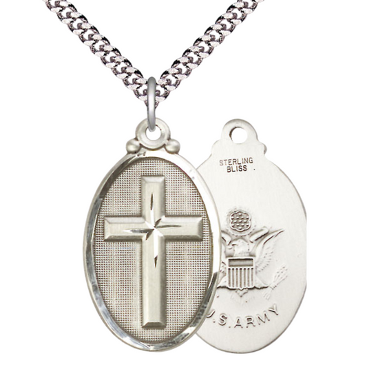 Everlasting Light Jewelry .925 Sterling Silver Cross Army Medal Pendant on 24 Inch Endless Rhodium Plated Heavy Curb Chain -Catholic Religious Necklace Made in USA,Deluxe Velvet Gift Box