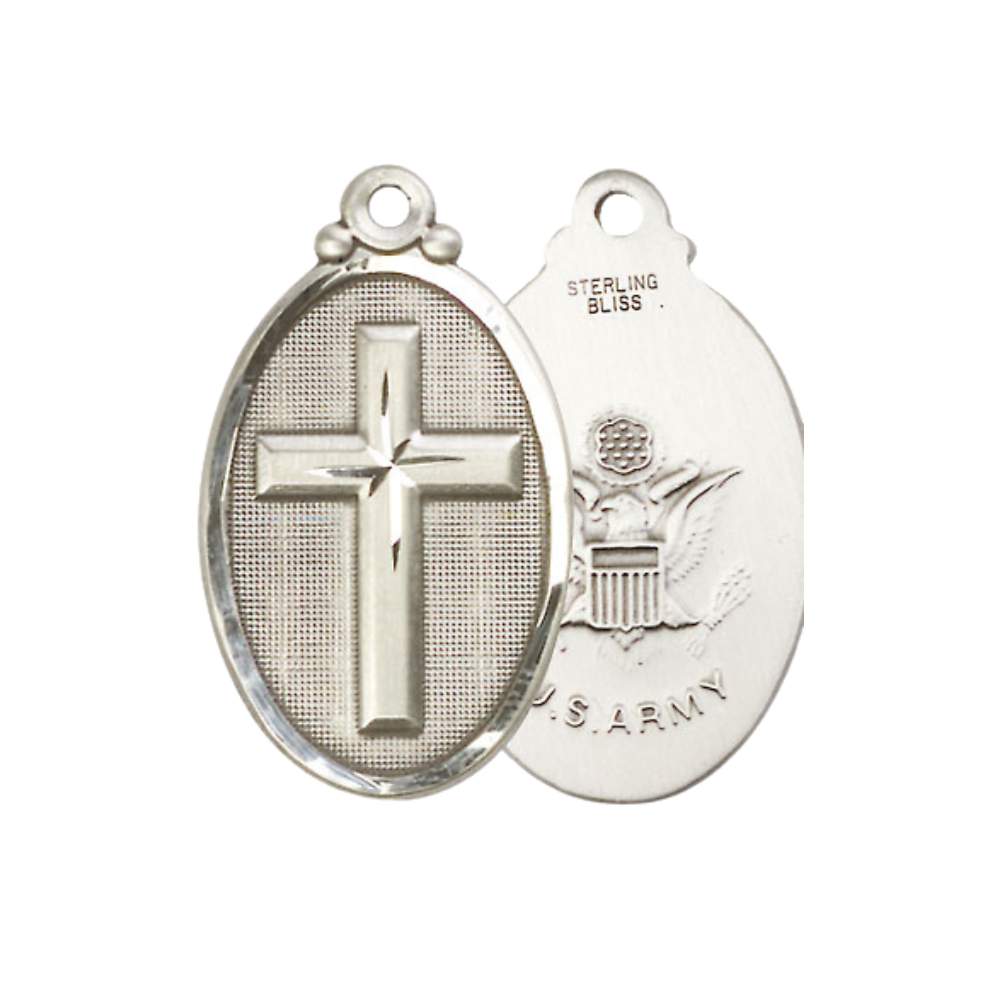 Everlasting Light Jewelry .925 Sterling Silver Cross Army Medal Pendant on 24 Inch Endless Rhodium Plated Heavy Curb Chain -Catholic Religious Necklace Made in USA,Deluxe Velvet Gift Box