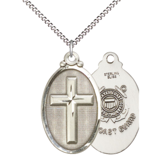 Everlasting Light Jewelry .925 Sterling Silver Cross Coast Guard Medal Pendant on 18 Inch Rhodium Plated Lite Curb Brass Chain - Catholic Religious Necklace Made in USA, Deluxe Velvet Gift Box