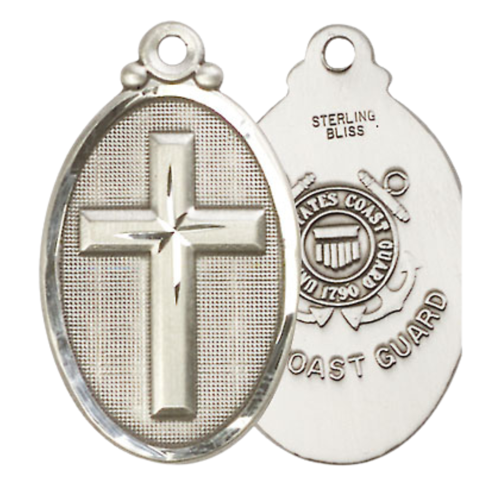 Everlasting Light Jewelry .925 Sterling Silver Cross Coast Guard Medal Pendant on 18 Inch Rhodium Plated Lite Curb Brass Chain - Catholic Religious Necklace Made in USA, Deluxe Velvet Gift Box