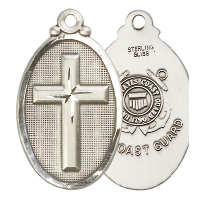 Everlasting Light Jewelry .925 Sterling Silver Cross Coast Guard Medal Pendant on 18 Inch Rhodium Plated Lite Curb Brass Chain - Catholic Religious Necklace Made in USA, Deluxe Velvet Gift Box