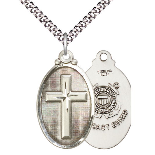 Everlasting Light Jewelry .925 Sterling Silver Cross Coast Guard Medal Pendant on 24 Inch Endless Rhodium Plated Heavy Curb Chain -Catholic Religious Necklace Made in USA,Deluxe Velvet Gift Box