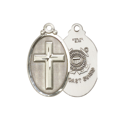 Everlasting Light Jewelry .925 Sterling Silver Cross Navy Medal Pendant on 24 Inch Endless Rhodium Plated Heavy Curb Chain - Catholic Religious Necklace Made in USA, Deluxe Velvet Gift Box