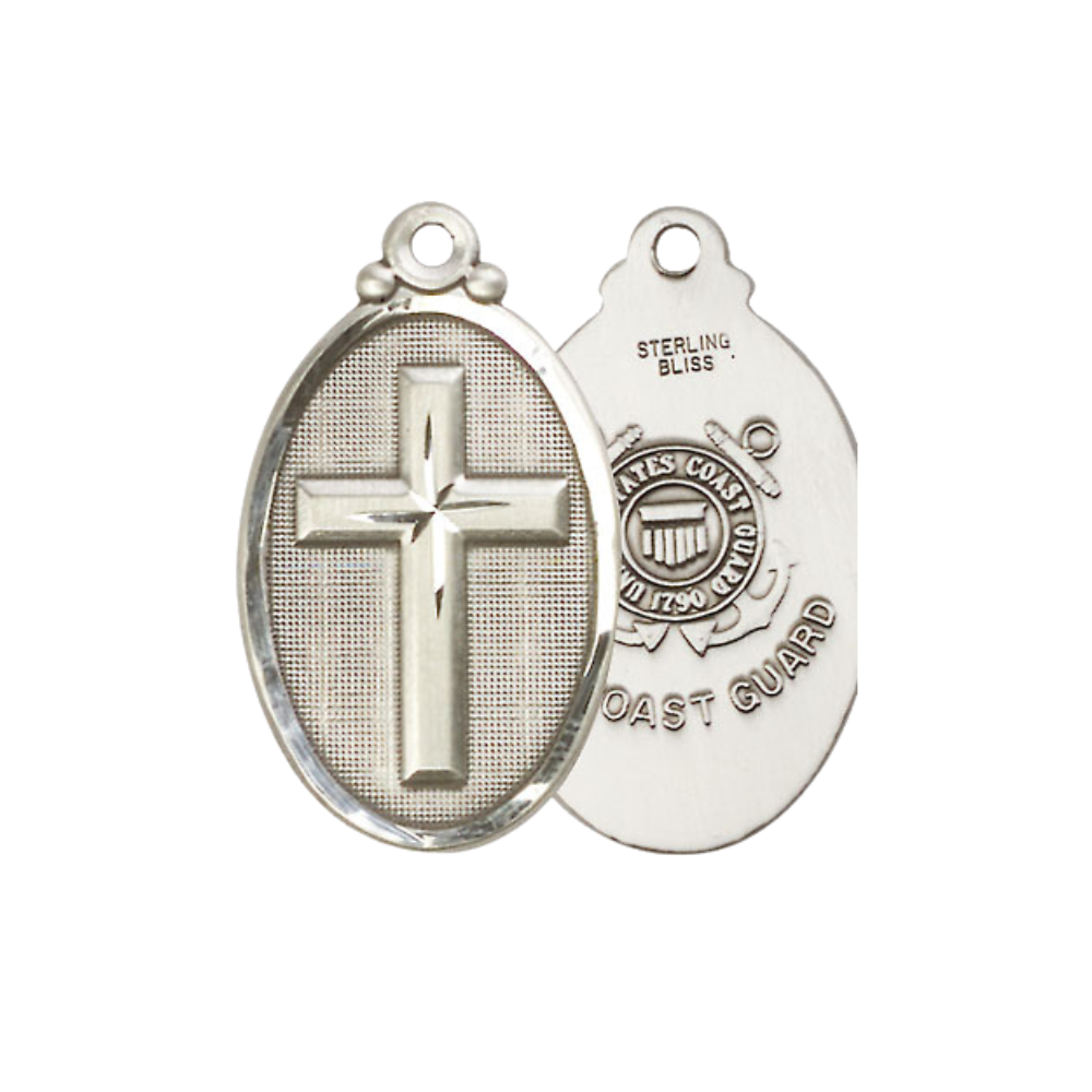 Everlasting Light Jewelry .925 Sterling Silver Cross Coast Guard Medal Pendant on 24 Inch Endless Rhodium Plated Heavy Curb Chain -Catholic Religious Necklace Made in USA,Deluxe Velvet Gift Box