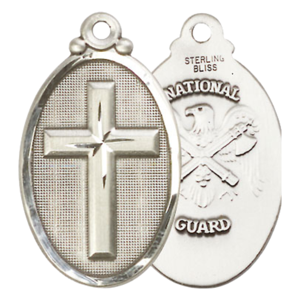 Everlasting Light Jewelry .925 Sterling Silver Cross National Guard Medal Pendant on 18 Inch Rhodium Plated Lite Curb Brass Chain - Catholic Religious Necklace Made in USA, Deluxe Velvet Gift Box