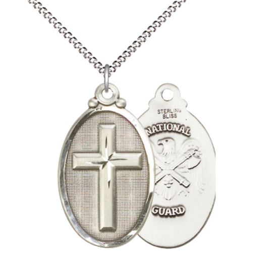 Everlasting Light Jewelry .925 Sterling Silver Cross National Guard Medal Pendant on 18 Inch Rhodium Plated Lite Curb Brass Chain - Catholic Religious Necklace Made in USA, Deluxe Velvet Gift Box