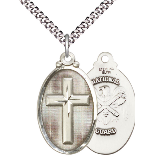 Everlasting Light Jewelry .925 Sterling Silver Cross National Guard Medal Pendant on 24 Inch Endless Rhodium Plated Heavy Curb Chain - Catholic Religious Necklace Made in USA, Deluxe Velvet Gift Box