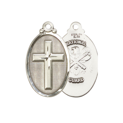Everlasting Light Jewelry .925 Sterling Silver Cross National Guard Medal Pendant on 24 Inch Endless Rhodium Plated Heavy Curb Chain - Catholic Religious Necklace Made in USA, Deluxe Velvet Gift Box