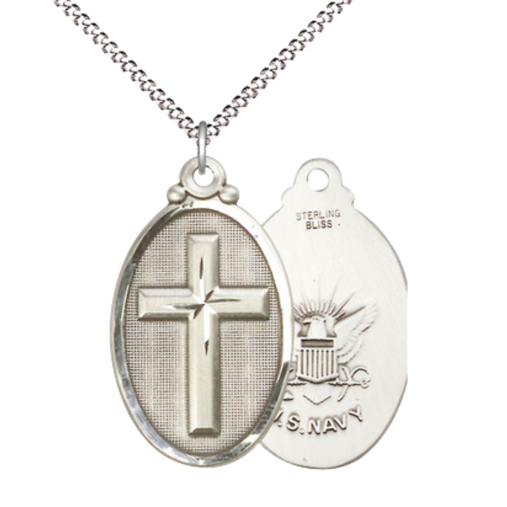 Everlasting Light Jewelry .925 Sterling Silver Cross Navy Medal Pendant on 18 Inch Rhodium Plated Lite Curb Brass Chain - Catholic Religious Necklace Made in USA, Deluxe Velvet Gift Box