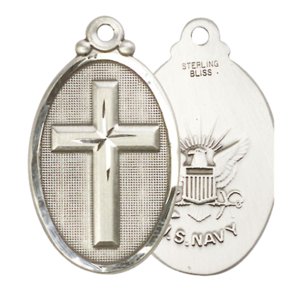Everlasting Light Jewelry .925 Sterling Silver Cross Navy Medal Pendant on 18 Inch Rhodium Plated Lite Curb Brass Chain - Catholic Religious Necklace Made in USA, Deluxe Velvet Gift Box