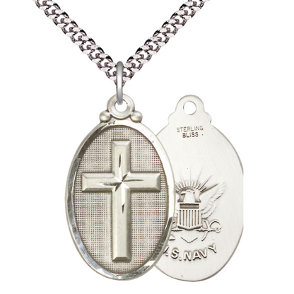 Everlasting Light Jewelry .925 Sterling Silver Cross Navy Medal Pendant on 24 Inch Endless Rhodium Plated Heavy Curb Chain - Catholic Religious Necklace Made in USA, Deluxe Velvet Gift Box