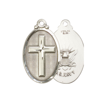 Mens Oval .925 Sterling Silver Cross Navy 4145Y- 6 - 1 1/4 x 3/4 on 24 inch Rhodium Plated Heavy Curb Brass Chain with Lobster Claw Clasp, Catholic Religious Necklace- USA Made Gift Boxed