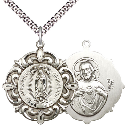 Everlasting Light Jewelry .925 Sterling Silver Our Lady of Guadalupe Medal Pendant on 24 Inch Endless Rhodium Plated Heavy Curb Chain - Catholic Religious Necklace Made in USA, Deluxe Velvet Gift Box