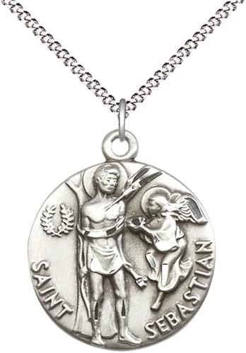 Womens Large Round Pewter Saint St. Sebastian Medal Pendant on 18 inch Rhodium Plated Lite Curb Brass Chain with Lobster Claw Clasp, Catholic Religious Necklace - Made in USA- Deluxe Velvet Gift Box