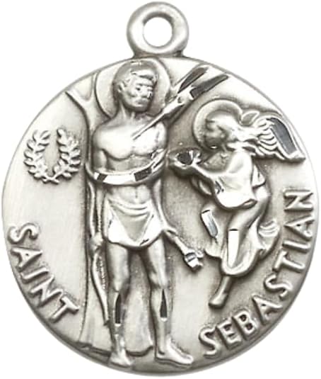 Everlasting Light Jewelry Mens Large Round Pewter St Sebastian Medal Pendant on 24 inch Endless Rhodium Plated Heavy Curb Brass Chain, Catholic Religious Necklace -Made in USA- Deluxe Velvet Gift Box