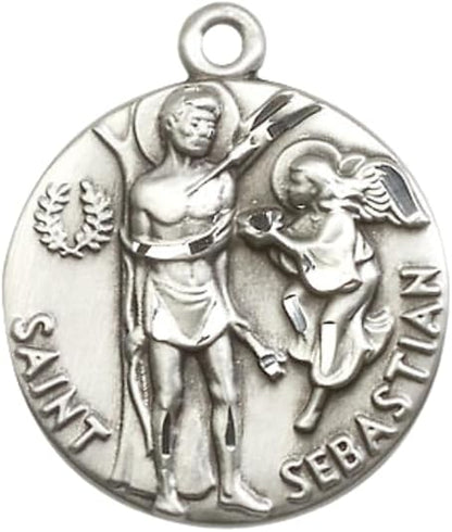 Everlasting Light Jewelry Mens Large Round Pewter St Sebastian Medal Pendant on 24 inch Endless Rhodium Plated Heavy Curb Brass Chain, Catholic Religious Necklace -Made in USA- Deluxe Velvet Gift Box