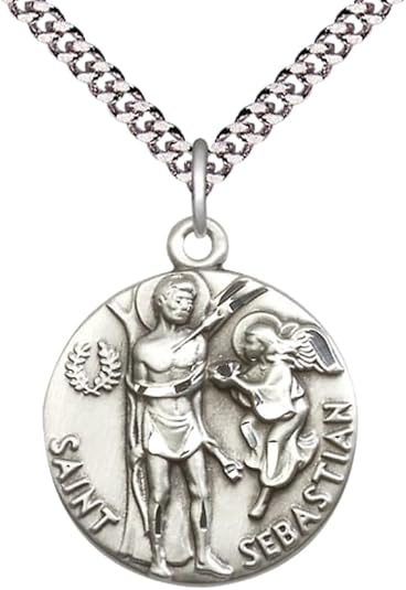 Mens Large Round Pewter Saint St. Sebastian Medal Pendant on 24 inch Rhodium Plated Heavy Curb Brass Chain with Lobster Claw Clasp, Catholic Religious Necklace - Made in USA- Deluxe Velvet Gift Box